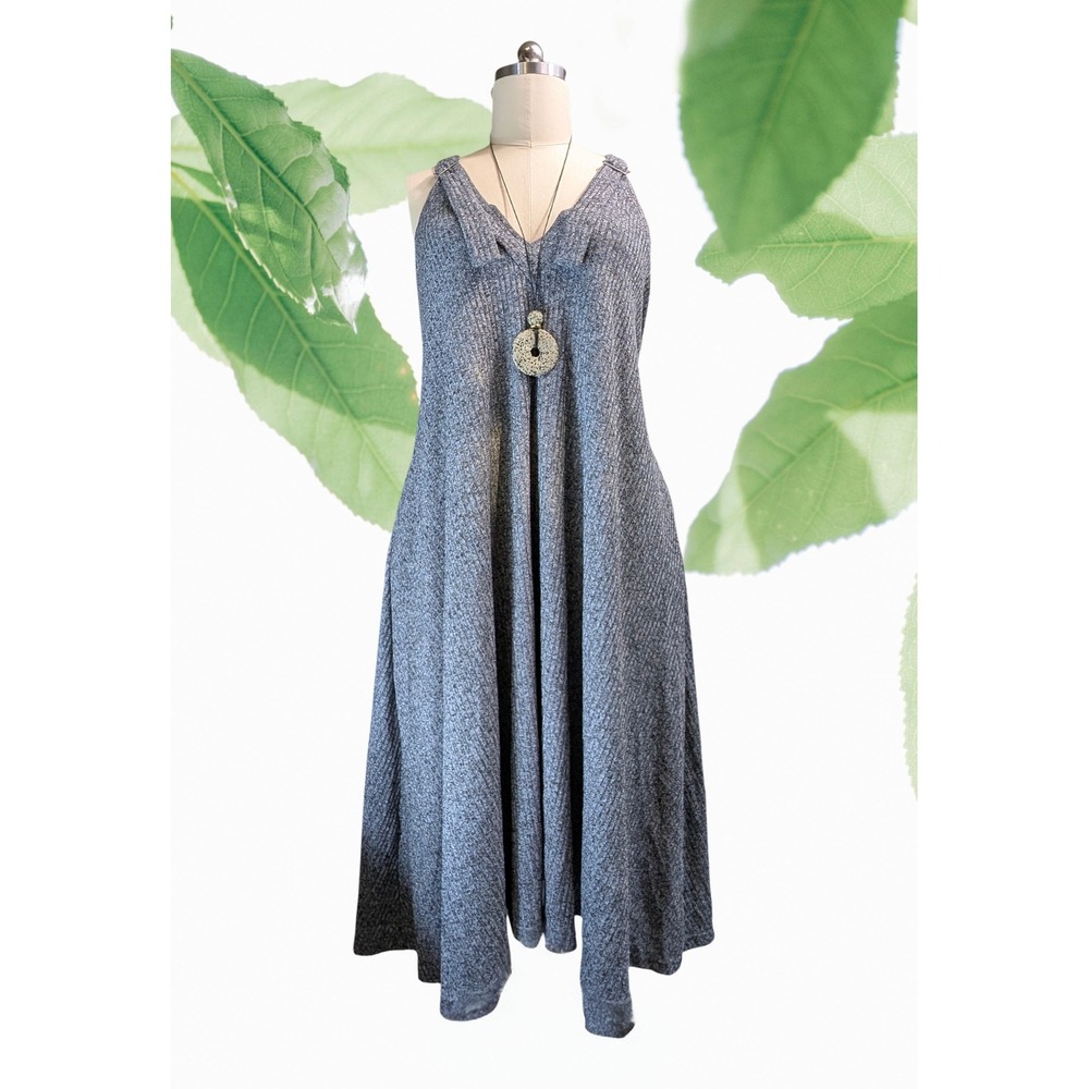 Dress Sz L-XL Plunge Neck Heathered Gray Ribbed Knit Super Wide Flared‎ Midi NWT